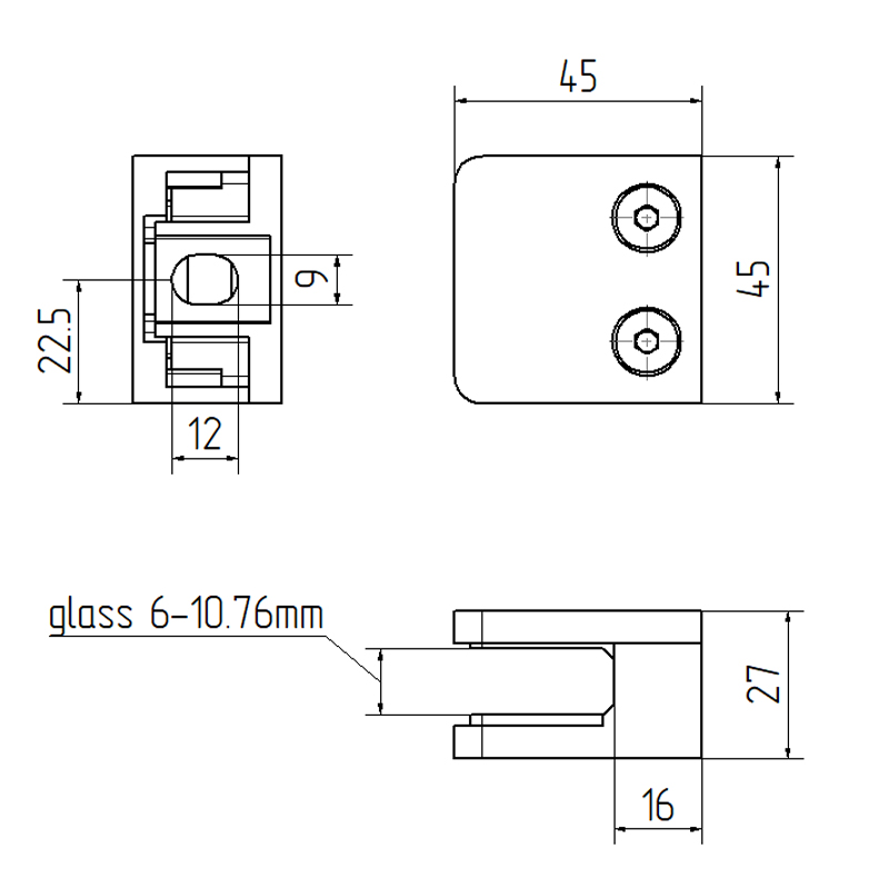 Uchwyt do szkła 45x45x26mm, szkło 6-10,76mm (AISI 316, system płaski, połysk)