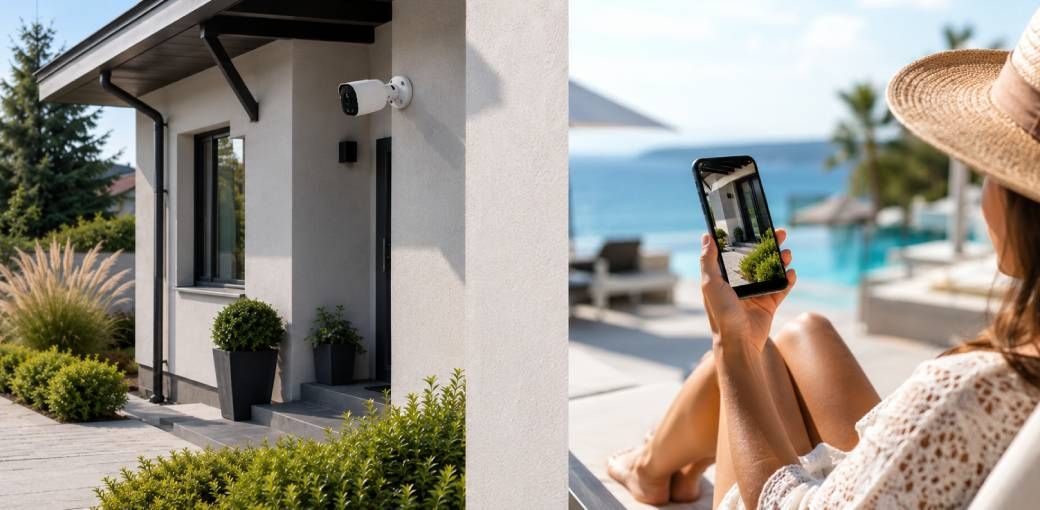 kobieta sprawdza w aplikacji podgląd z kamer na smartfonie