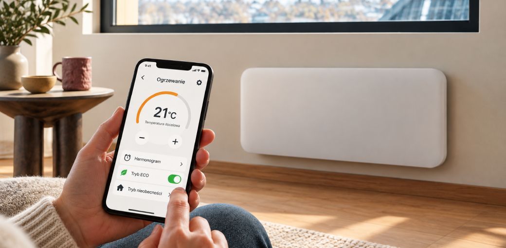 Sterowanie ogrzewaniem elektrycznym za pomocą smartfona – ustawienie temperatury 21°C i trybu ECO w celu oszczędzania energii.
