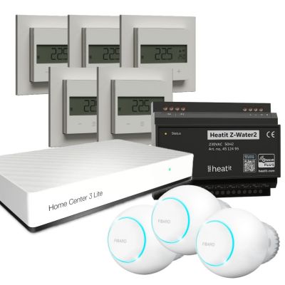 Zestaw inteligentnego ogrzewania z centralą FIBARO HC3 Lite + 3x głowica ZWE i Heatit Z-Water2 + 5x Z-Temp3 (Z-Wave 800)