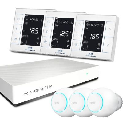 Zestaw inteligentnego sterowania ogrzewaniem podłogowym z centralą Fibaro i 3x głowicą FGT-001 + 3x MCOHOME MH7H-WH biały