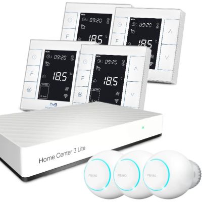 Zestaw inteligentnego sterowania ogrzewaniem podłogowym z centralą Fibaro i 3x głowicą FGT-001 + 4x MCOHOME MH7H-WH biały