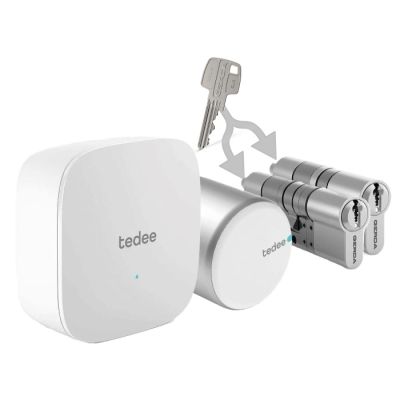 Inteligentny zestaw "g&oacute;ra d&oacute;ł jeden klucz" Tedee Lock Pro srebrny + mostek + 2x wkładka modułowa Gerda SLR 30-61/30 mm (typ A)