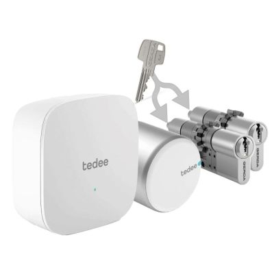Inteligentny zestaw "g&oacute;ra d&oacute;ł jeden klucz" Tedee Lock Pro srebrny + mostek + 2x wkładka modułowa Gerda SLR 30-61/30 mm mm (typ B)