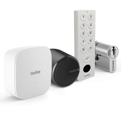 Zestaw inteligentny zamek Tedee Lock GO2 (aluminium) grafitowy z czarnym przyciskiem + Tedee Bridge Wi-Fi + wkładka modułowa SLR 30-61/30 mm (typ A) + biała klawiatura Tedee 2.0 TKV2.0 PRO