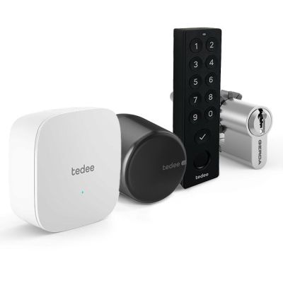 Zestaw inteligentny zamek Tedee Lock GO2 (aluminium) grafitowy z czarnym przyciskiem + Tedee Bridge Wi-Fi + wkładka modułowa SLR 30-61/30 mm z zębatką (typ B) + czarna klawiatura Tedee 2.0 TKV2.0B PRO 