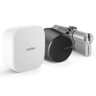 Zestaw inteligentny zamek Tedee Lock GO2 (aluminium) grafitowy z czarnym przyciskiem + Tedee Bridge Wi-Fi + wkładka modułowa SLR 30-61/37-68 mm (typ D) 