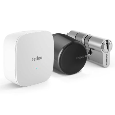 Zestaw inteligentny zamek Tedee Lock GO2 (aluminium) grafitowy z czarnym przyciskiem + Tedee Bridge Wi-Fi + wkładka modułowa SLR 30-61/30 mm (typ A)