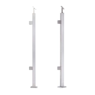 Słupek balustradowy końcowy lewy ze stali nierdzewnej – 40x40x1060/1100 mm/ 2 uchwyty do szkła, szlifowany