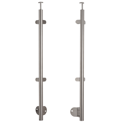 Słupek balustradowy narożny, zewnętrzny ze stali nierdzewnej Fi42,4x1230 mm, mocowanie boczne, 4 uchwyty, szlifowany