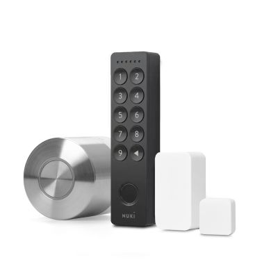 Inteligentny zamek Nuki Smart Lock Pro (5 gen) w zestawie z klawiaturą NUKI Keypad 2.0 oraz białym czujnikiem otwarcia drzwi NUKI Door Sensor