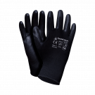 Rękawice ochronne wykonane z dzianiny w kolorze czarnym, powlekane czarnym poliuretanem. 8 GURETAN SET B
