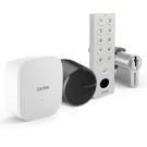 Zestaw inteligentny zamek Tedee Lock GO2 (aluminium) grafitowy z czarnym przyciskiem + Tedee Bridge Wi-Fi + wkładka modułowa SLR 30-61/30 mm z zębatką (typ B) + biała klawiatura Tedee 2.0 TKV2.0 PRO