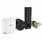 Inteligentny zamek Tedee Lock GO2 - aluminium, grafitowy, z czarnym przyciskiem + Tedee Bridge + czarna klawiatura Tedee 2.0 + wkładka EXXO SMART MZ G61/61, z zębatką i gałką