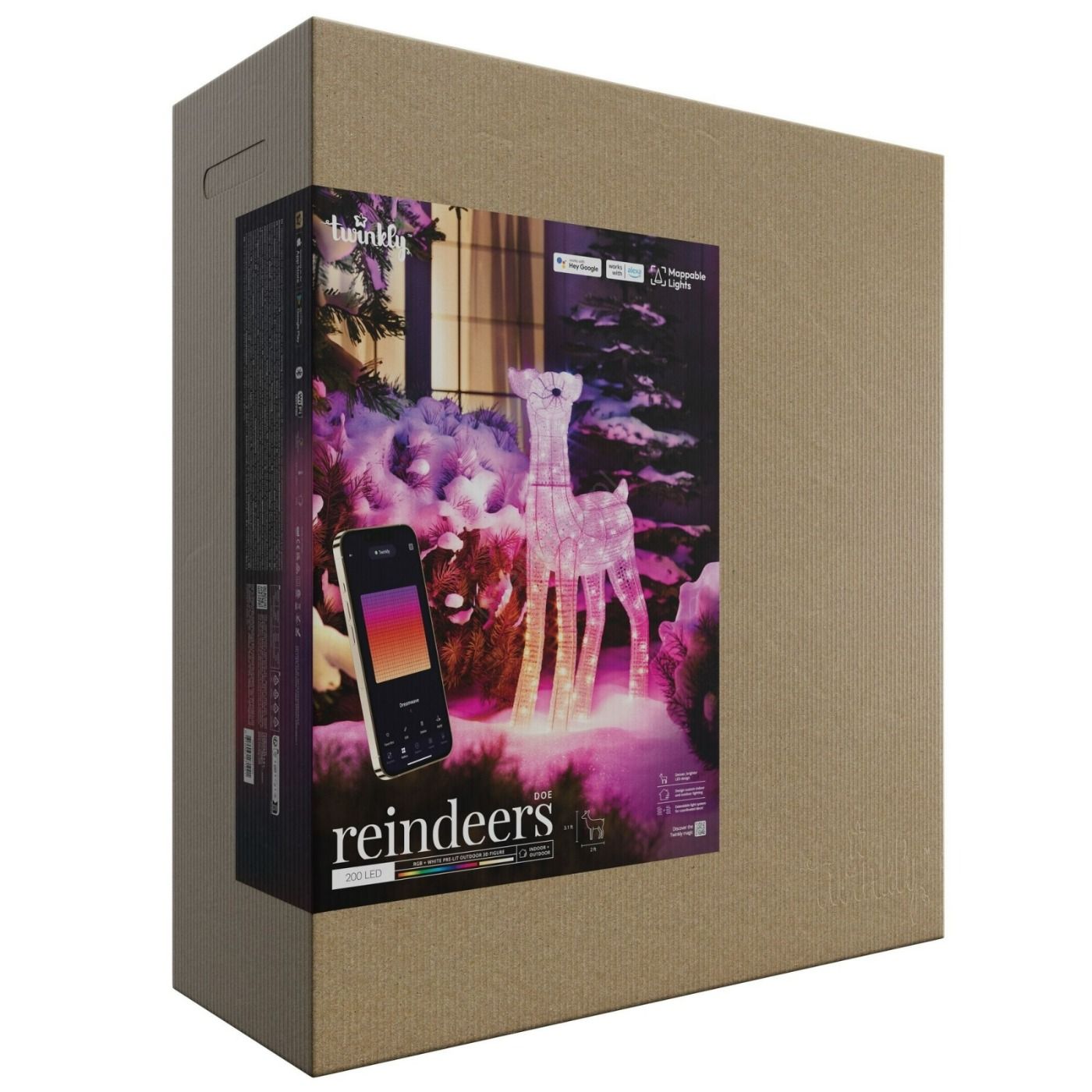 Renifer świąteczny LED Twinkly 3D Reindeers - Doe, 200 RGB+W LED, 90cm, Iron/Acrylic, Plug F