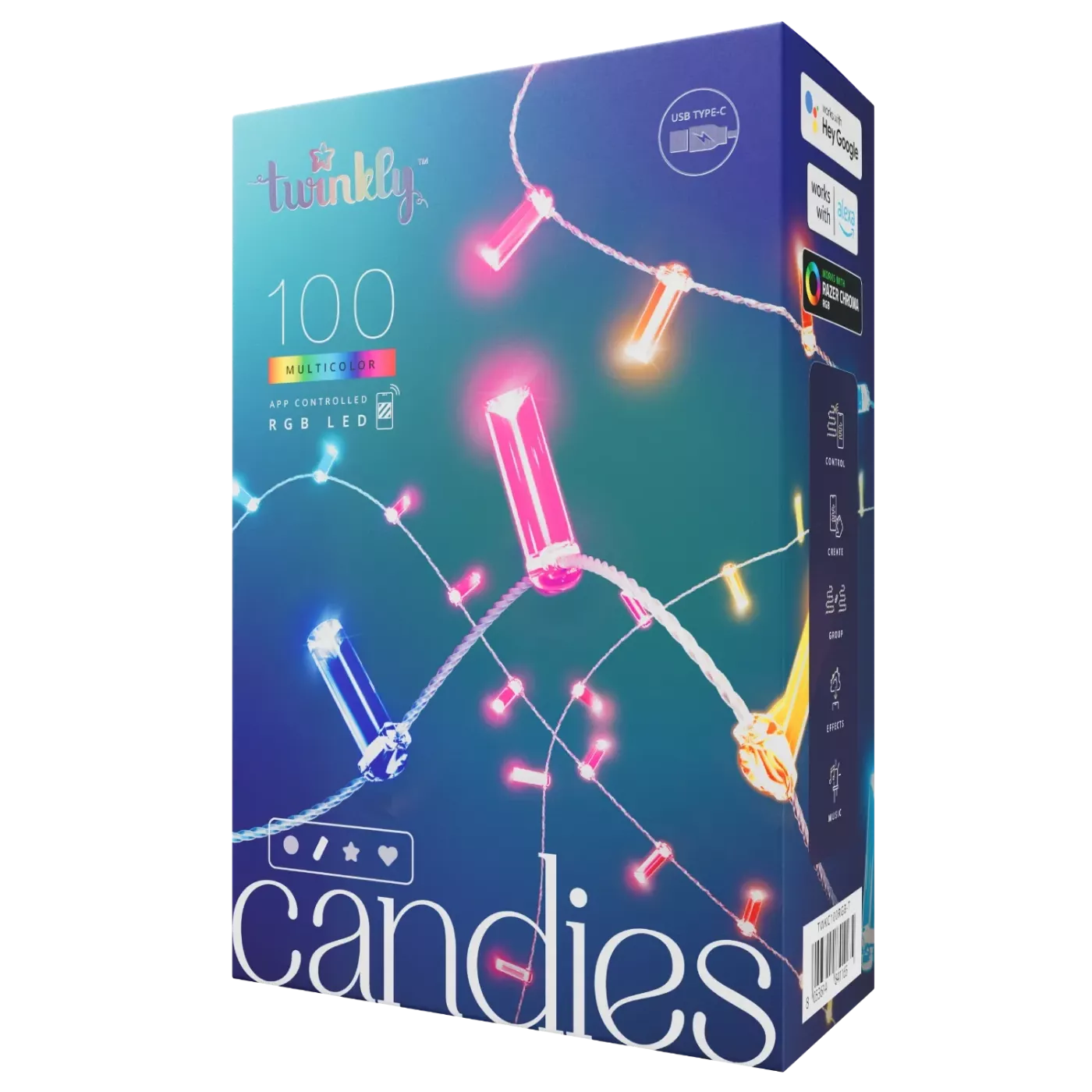 Lampki łańcuchowe - świeczki Twinkly Strings USB - 100 Candle-shaped RGB LEDs, Clear Wire, USB-C