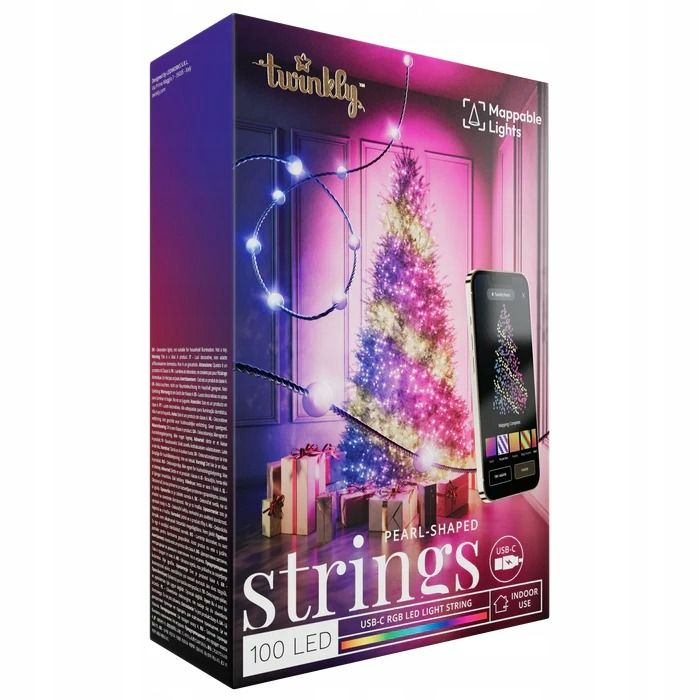 Lampki łańcuchowe - perełki Twinkly Strings USB - 100 Pearl-shaped RGB LEDs, Green Wire, USB-C