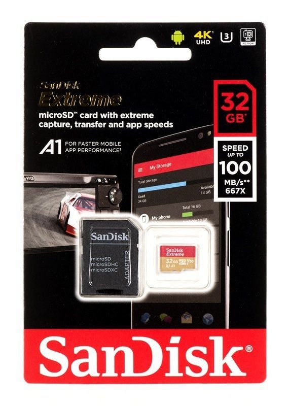 Karta pamięci SanDisk Extreme microSDHC 32GB 100/60 MB/s V30 A1 U3 4K do kamer (SDSQXAF-032G-GN6MA)