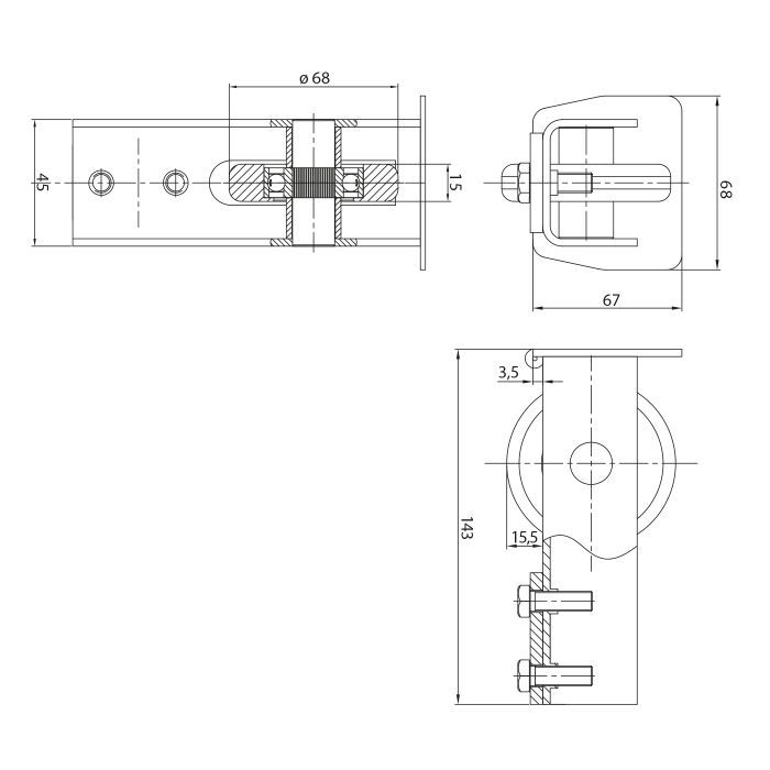 Rolka najazdowa 68 mm z zakończeniem - system 68 x 68, rolka nylonowa, do bramy przesuwnej