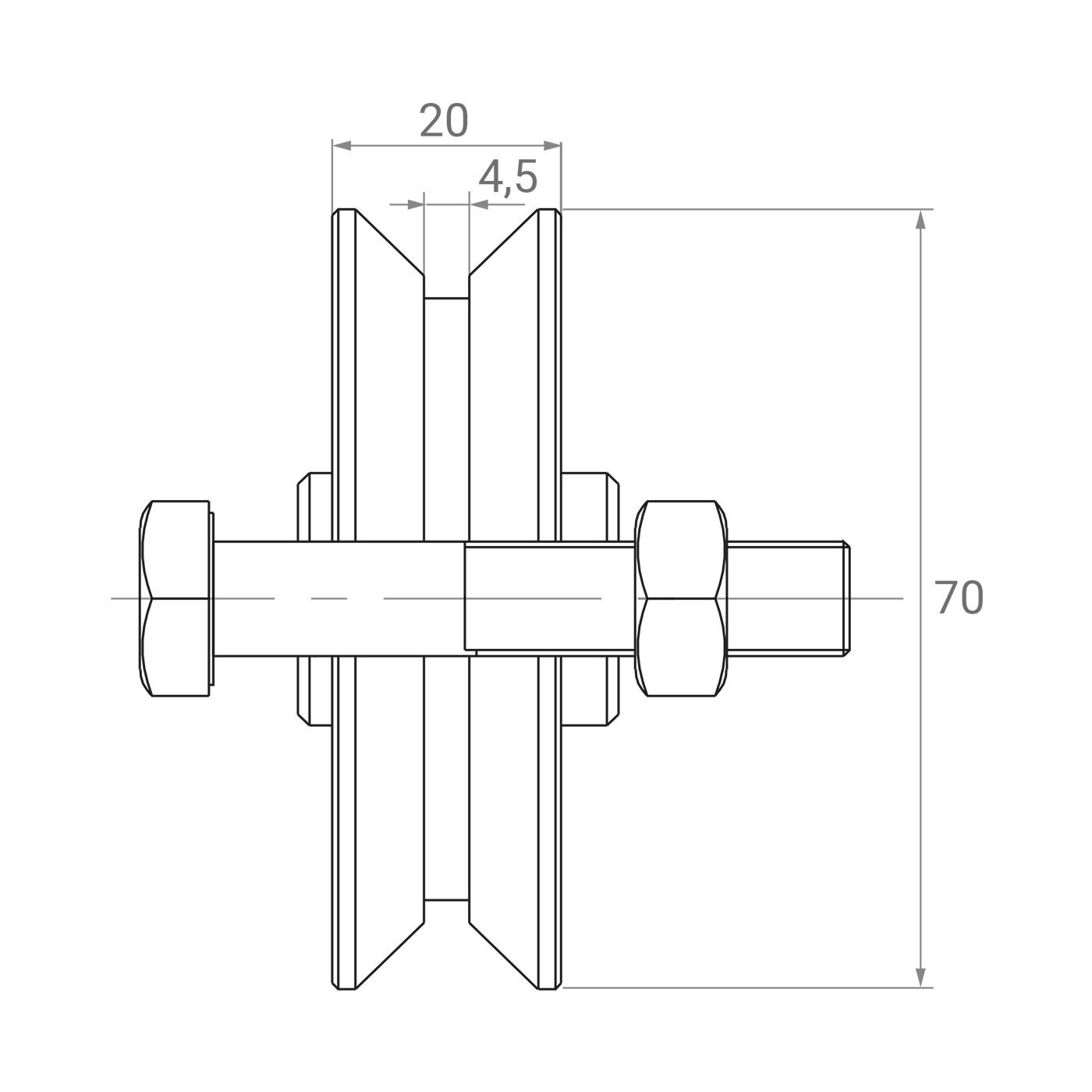 Rolka jezdna stalowa typu "V" – fi 70 x 20 mm