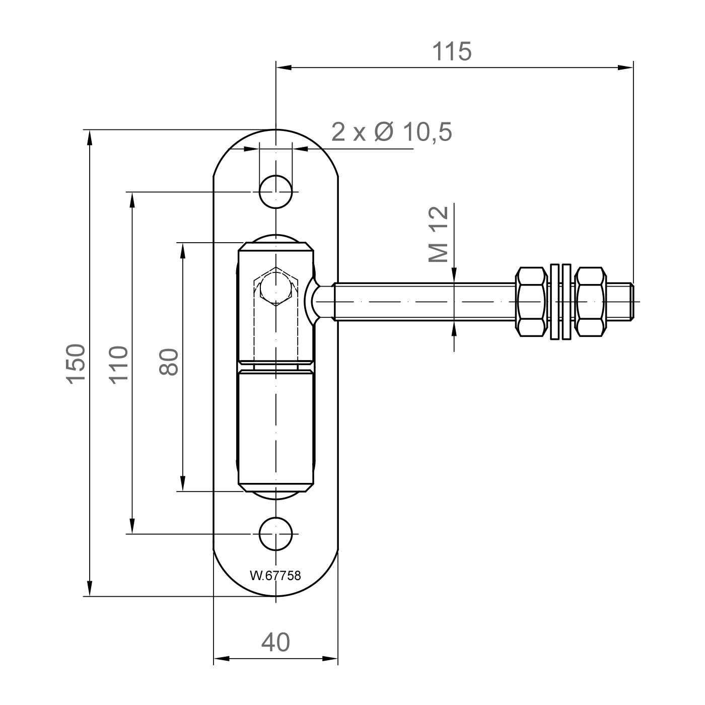 Zawias regulowany toczony fi24+M12 z kulą i szyldem 150 x 40 mm