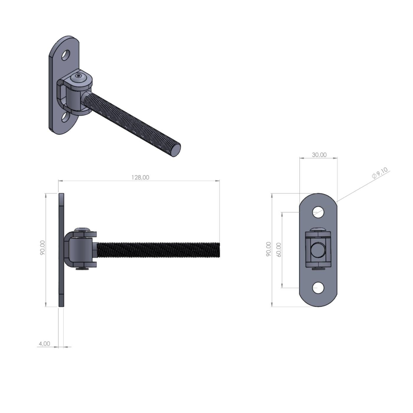 Zawias regulowany do przykręcenia PSG - M12, długość 100 mm, podstawa 90 x 30 x 4 mm, ocynk