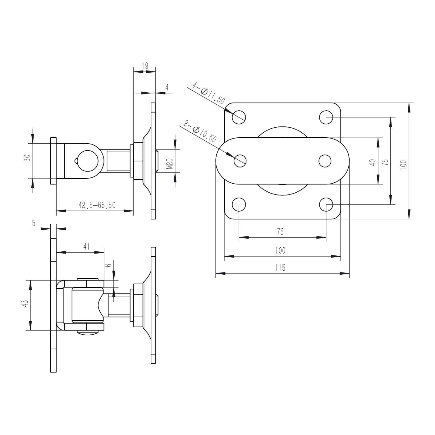Zawias regulowany, dwustronnie przykręcany M20 - z podstawami o wymiarach 100 x 100 oraz 115 x 40 mm