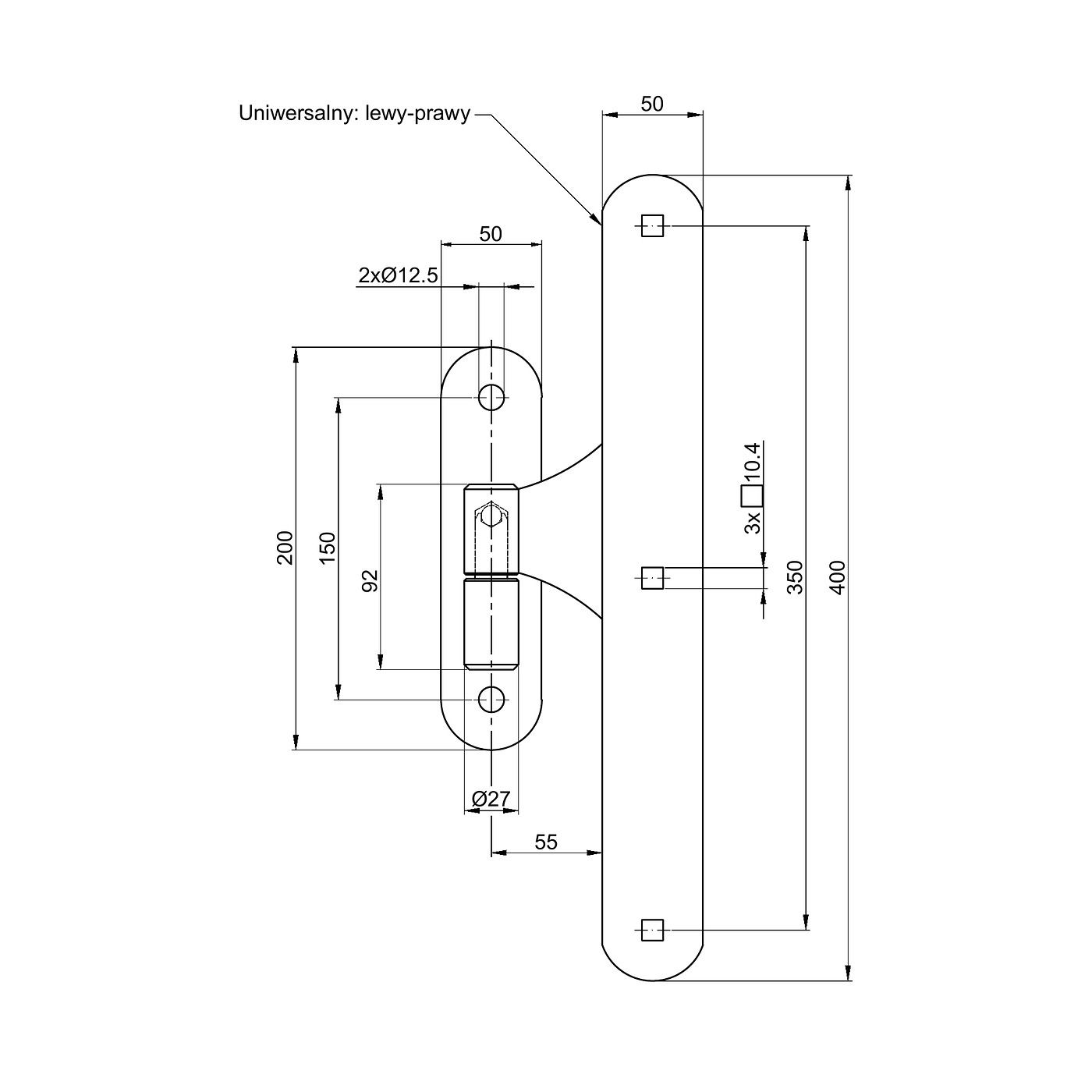 Zawias pasowy środkowy H400 x L50 mm + czop Zawias pasowy środkowy H400 x L50 mm + czop