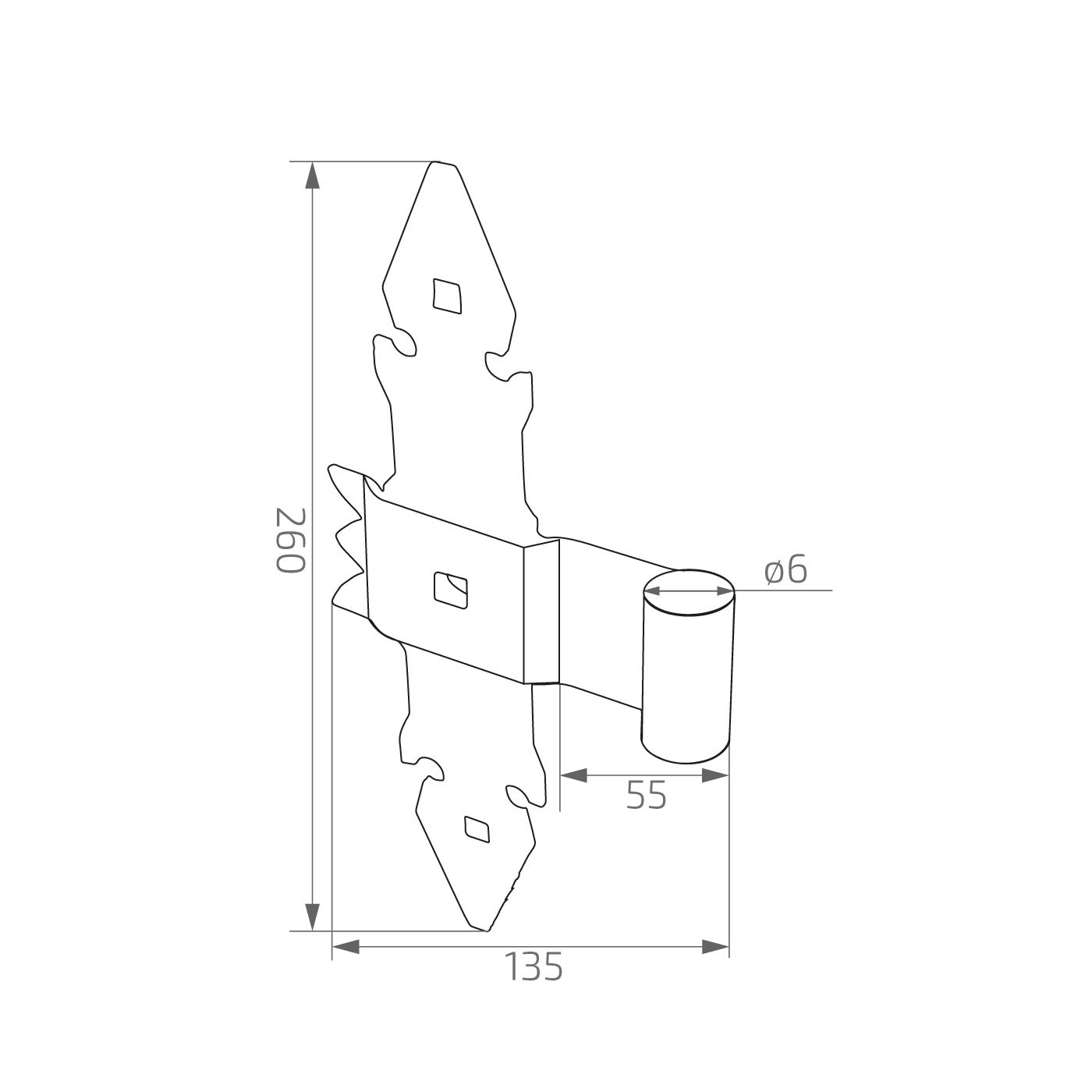 Krzyżowy zawias ozdobny czarny d6 x H260 x L135 x 4 mm grubości