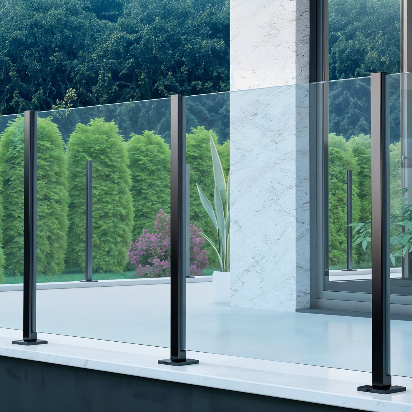 Słupek boczny balustradowy 45x45x1100 mm – aluminiowy, szkło 8,72 mm, mocowanie w podłogę, czarny – seria KR7000, Kozza