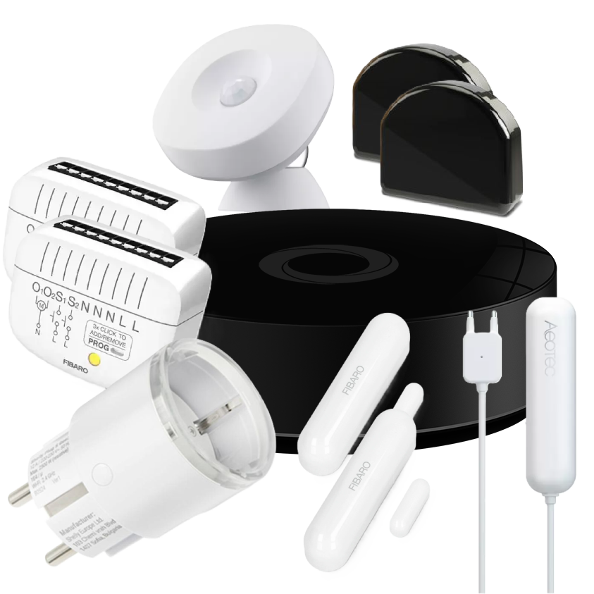 Zestaw z centralą Homey Pro (2026) (Fibaro: 2x Roller Shutter 4, 2x Double Switch 2, 2xDoor/Window Sensor 2, Aeotec: Motion Sensor, Water Sensor 7 oraz Shelly  Plug S MTR Gen3 12A)