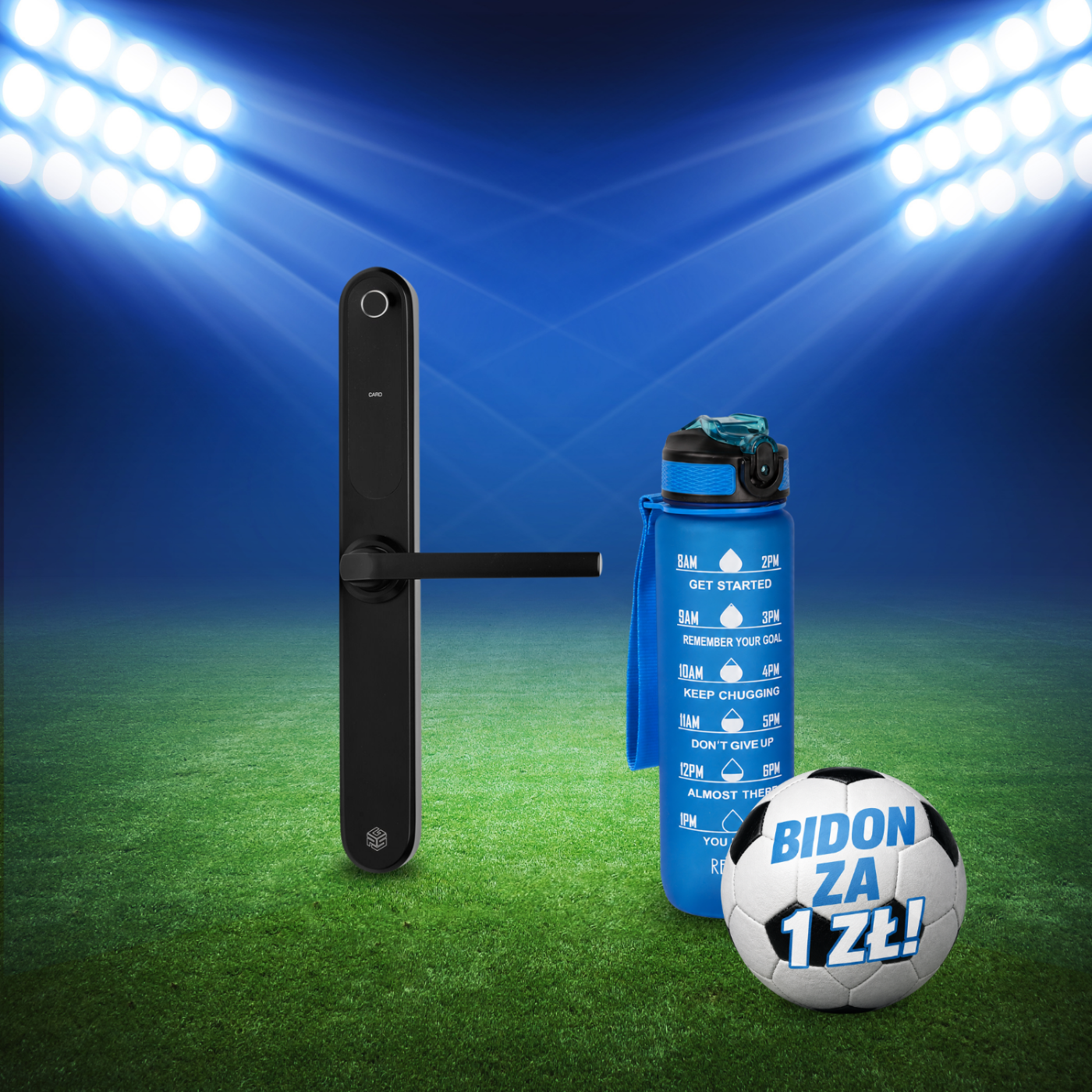 Inteligentna klamka elektroniczna PSG SPARTA - czarna, Bluetooth, Wi-Fi, Smart Life (Tuya) + butelka motywacyjna z tritanu 1 l (niebieska)