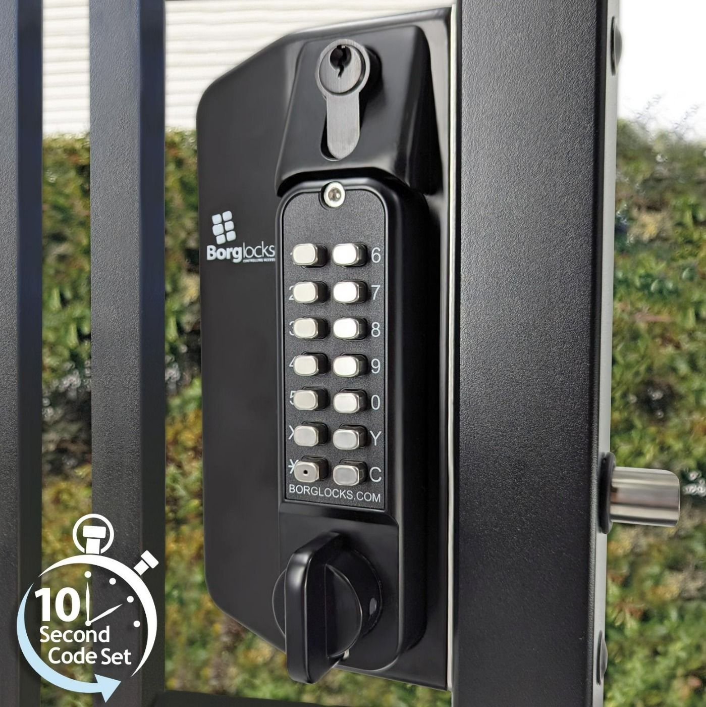 Dwustronny mechaniczny zamek szyfrowy BL3130DKO Borg Locks do bram metalowych - z klawiaturą ECP, pokrętłem zabezpieczającym przed podnoszeniem, blokadą klucza i zasuwą 65-80 mm