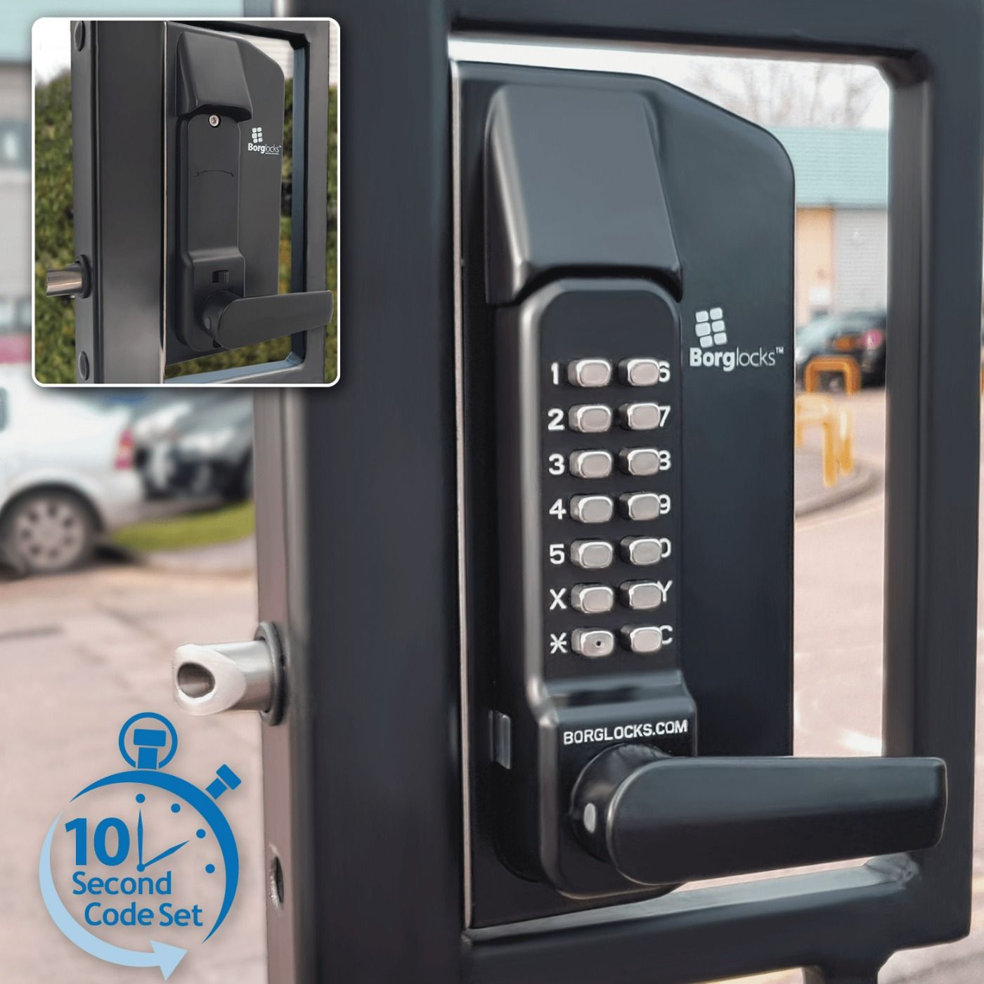 Jednostronny mechaniczny zamek szyfrowy BL3400 Borg Locks do bram metalowych - z klawiaturą ECP, wewnętrzną klamką blokującą i zasuwą 65-80 mm