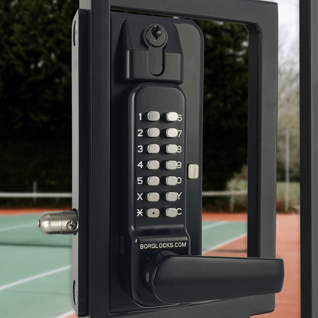 Dwustronny mechaniczny zamek szyfrowy BL3435KO Borg Locks do bram metalowych - z klawiaturą ECP, klamką i zasuwą zwalniającą