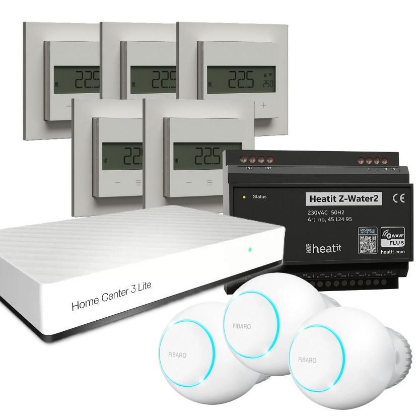 Zestaw inteligentnego ogrzewania z centralą FIBARO HC3 Lite + 3x głowica ZWE i Heatit Z-Water2 + 5x Z-Temp3 (Z-Wave 800)