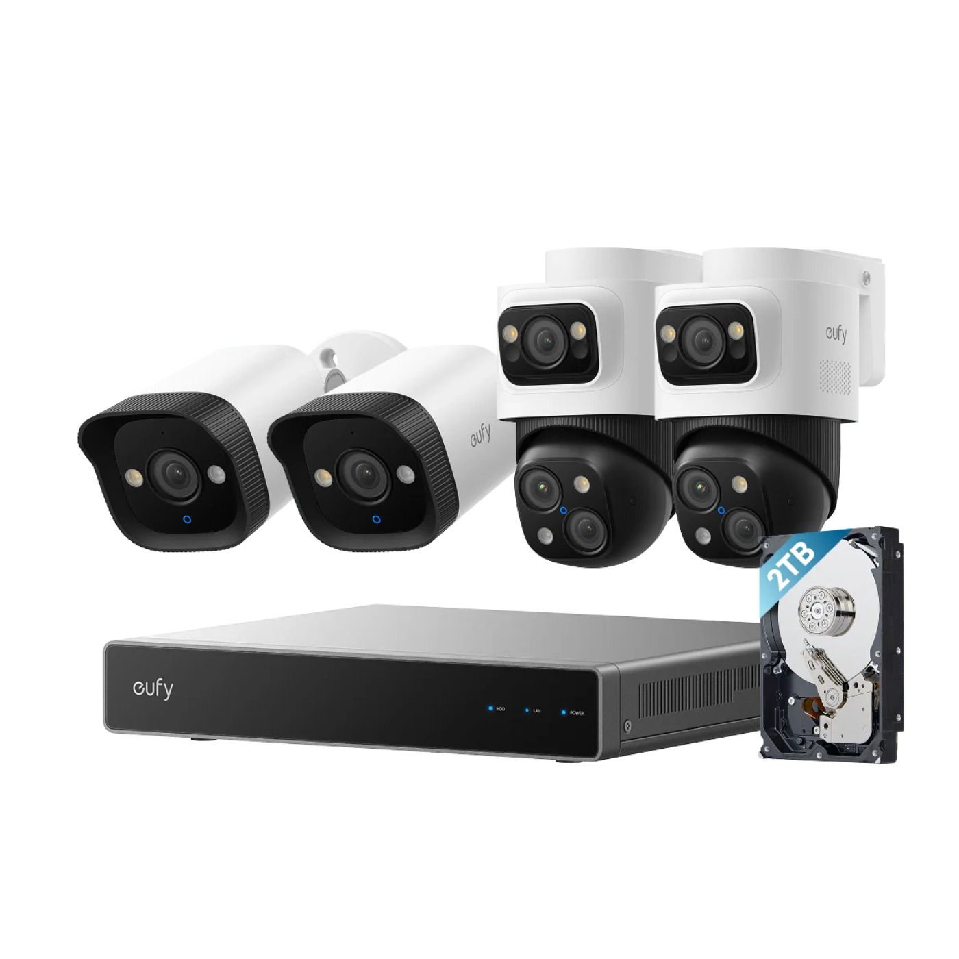 System bezpieczeństwa eufy NVR S4 White - 8-kanałowy rejestrator NVR z 2 kamerami PoE Bullet-PTZ i 2 kamerami PoE Bullet