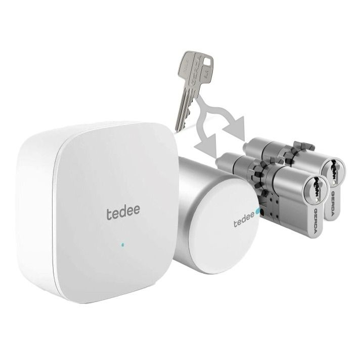 Inteligentny zestaw "góra dół jeden klucz" Tedee Lock Pro srebrny + mostek + 2x wkładka modułowa Gerda SLR 30-61/30 mm mm (typ B)