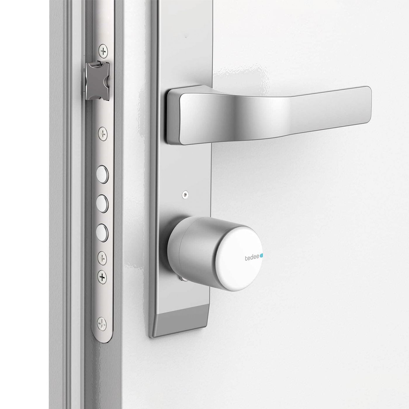 Inteligentny zamek Tedee Lock PRO - srebrny + mostek Tedee Bridge + czarna klawiatura Tedee 2.0 + wkładka EXXO SMART M G61/61, z zabierakiem i gałką