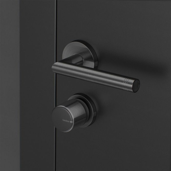 Zestaw inteligentny zamek Tedee Lock GO2 (aluminium) grafitowy z czarnym przyciskiem + Tedee Bridge Wi-Fi + wkładka modułowa SLR 30-61/37-68 mm z zębatką (typ D) + biała klawiatura Tedee 2.0 TKV2.0 PRO