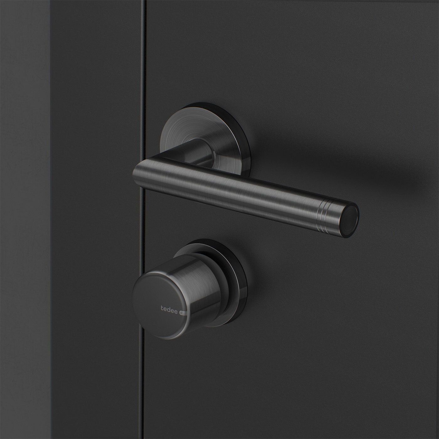 Inteligentny zamek Tedee Lock GO2 - aluminium, grafitowy, z czarnym przyciskiem + Tedee Bridge + biała klawiatura Tedee 2.0 + wkładka EXXO SMART M G61/61, z zabierakiem i gałką