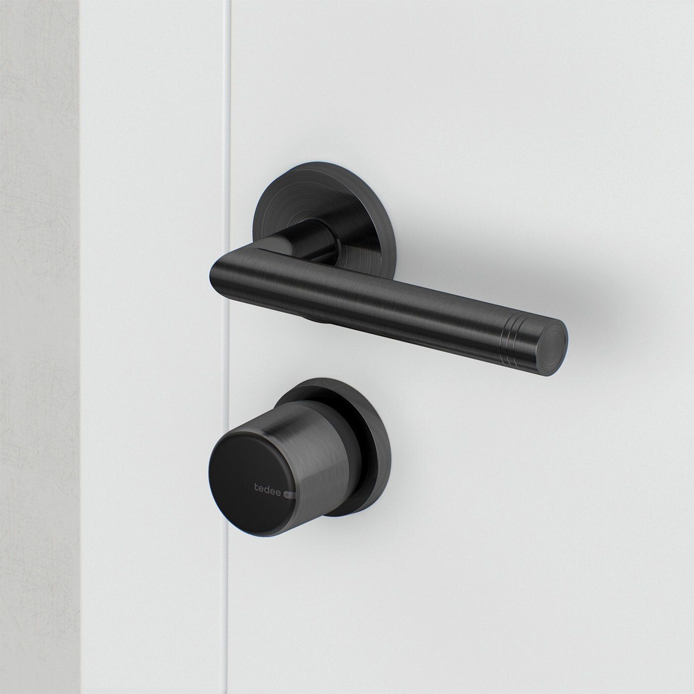 Inteligentny zamek Tedee Lock GO2 - aluminium, grafitowy, z czarnym przyciskiem + wkładka EXXO SMART MZ G61/61, z zębatką i gałką
