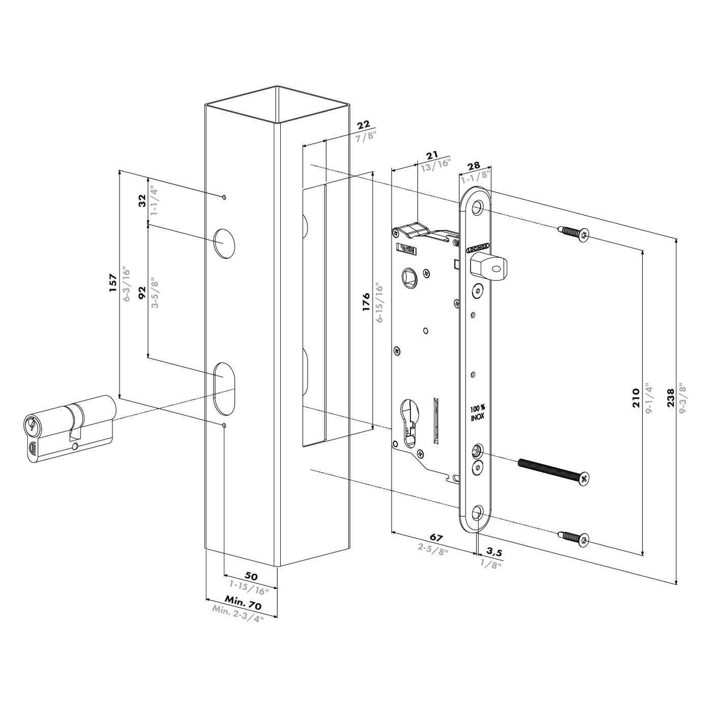 Uniwersalny zamek wpuszczany Seventylock Locinox - odsadzeniem klamki 50 mm i ryglem regulowanym w zakresie 10 mm