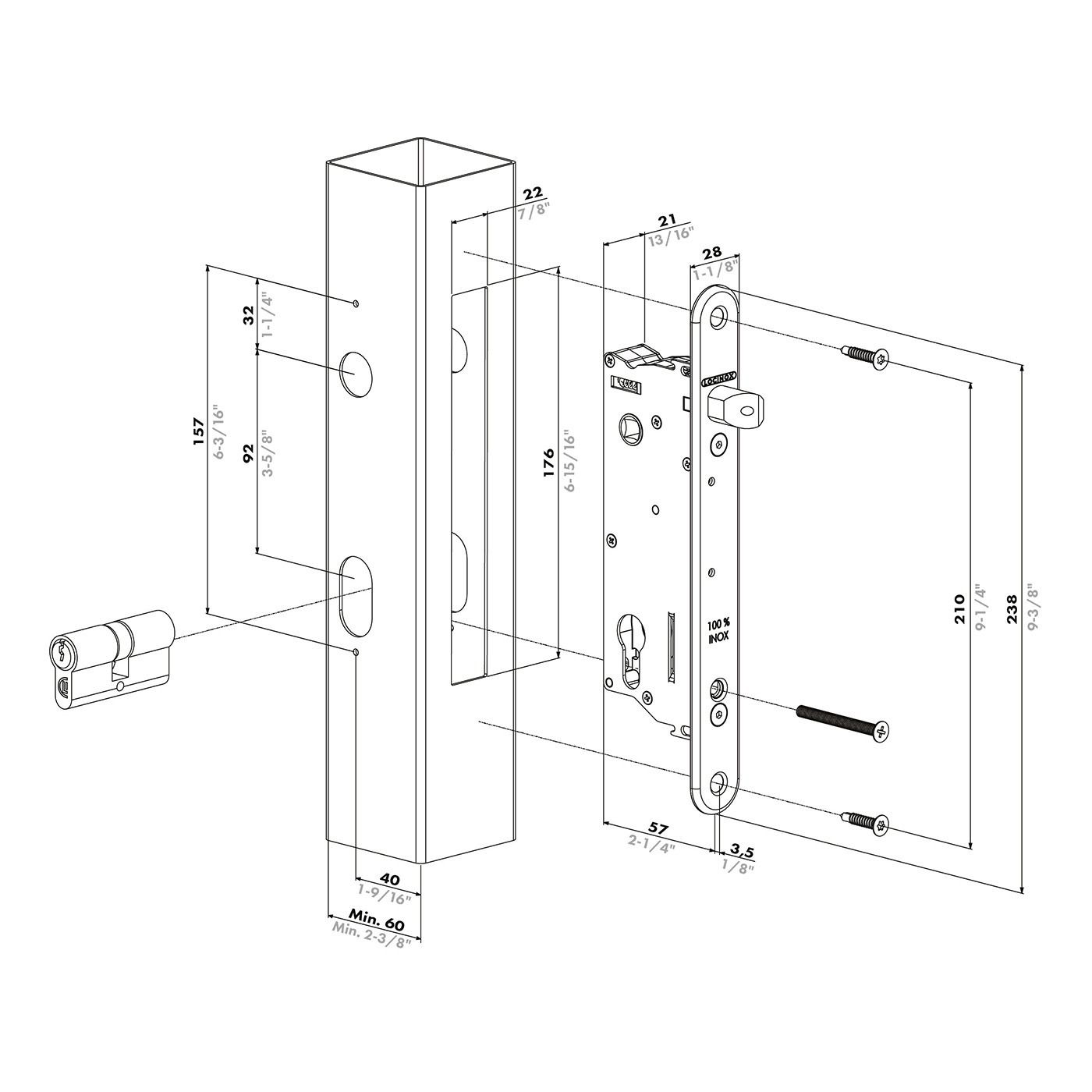 Uniwersalny zamek wpuszczany Sixtylock-A Locinox - z 40 mm odsadzeniem klamki i ryglem regulowanym w zakresie 10 mm