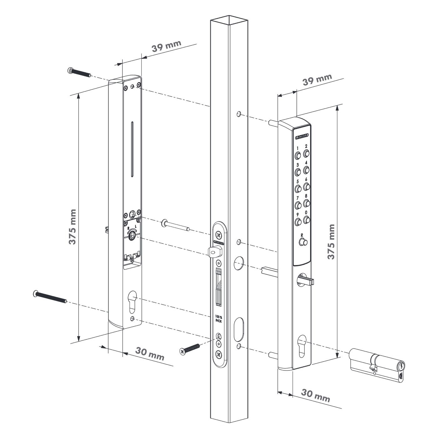 Dwustronny mechaniczny zamek szyfrowy do zamków wpuszczanych Vita Locinox - profil 60 mm, różne klucze, srebrny