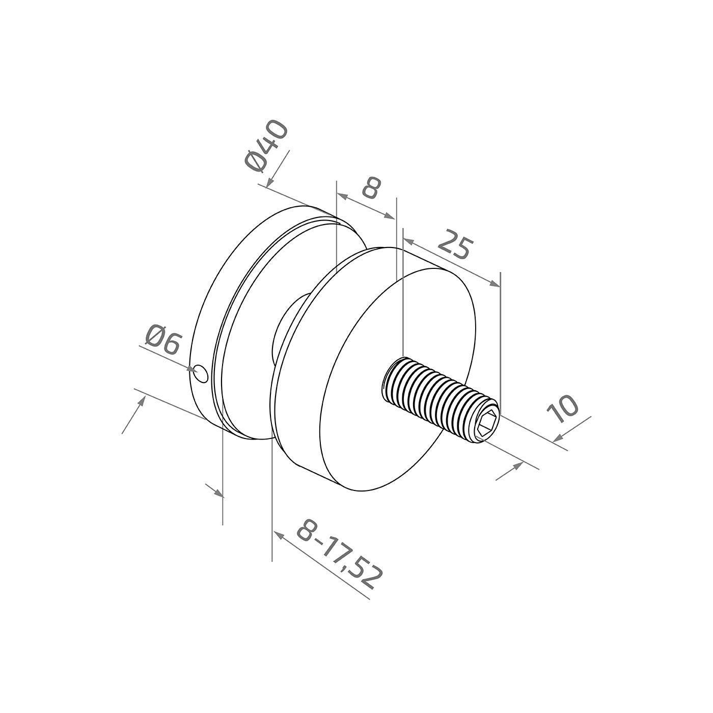Uchwyt punktowy rotula do szkła fi 40/8, M10x45, szkło 4-21,52 mm (AISI 304, system płaski, satyna)