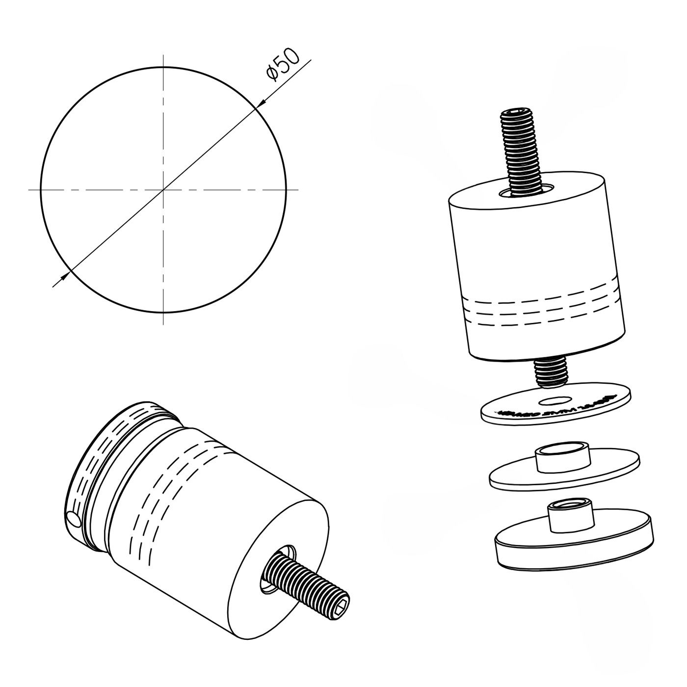 Uchwyt punktowy rotula do szkła, do powierzchni płaskiej, fi 50/50/M10x90 - szkło 8 - 17,52 mm, pusty dystans, aisi304, satyna