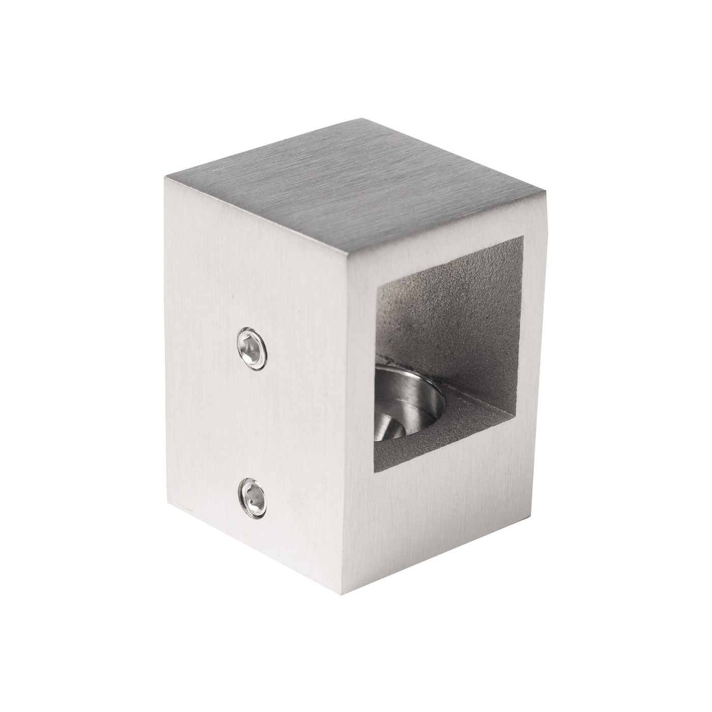 Uchwyt przelotowy pręta 20 x 20 mm - mocowany do płaszczyzny, AISI304, satyna