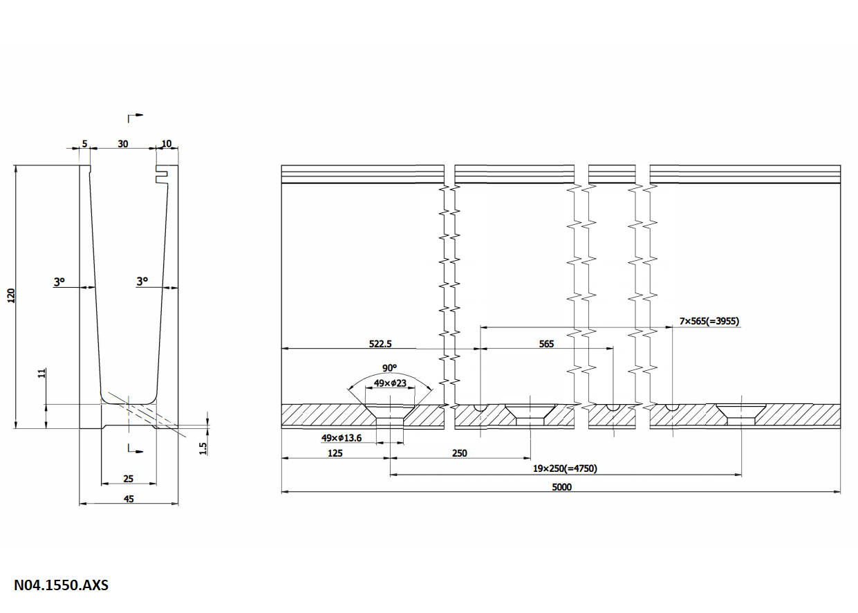 Profil aluminiowy do balustrad całoszklanych 5000 x 120 x 45 mm,  grubość szkła: 12-21,52 mm		