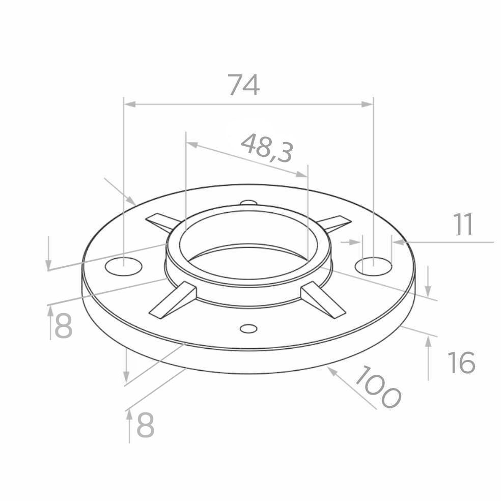 Podstawa słupa balustrady 48,3 mm do wspawania, wzmocniona, fi 100 mm, 2x11 mm, stal nierdzewna, satyna